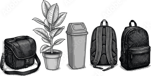 Household objects including plant and bags in vintage style