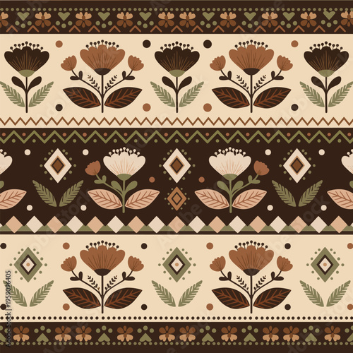 Folk art floral seamless pattern, scandinavian style botanical ornament with geometric shapes in earth tones.eps