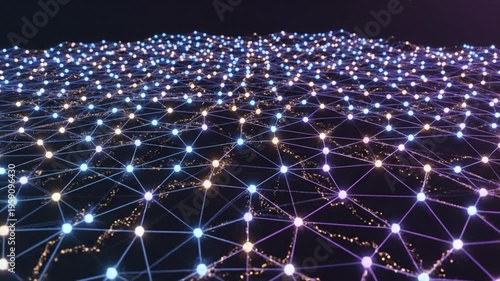 Network Connection Technology Data Digital Glowing Abstract Futuristic Communication Background Featuring Glowing Nodes, Hexagon Patterns, Blue Purple Yellow Light, Data Flow, Science Innovation