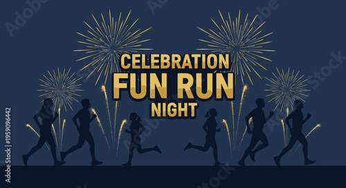 Evening Fun Run Celebration With Fireworks, Silhouette Runners, And Festive Night Event