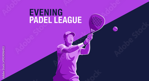 Evening Padel League Tournament Illustration, Sport Player Swinging the Racket, Purple Theme