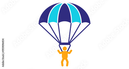Parachutist Descending with Blue and Teal Canopy Isolated on White Background Vector