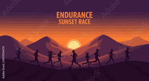 Evening Run Marathon: Silhouettes Racing Under The Vivid Sunset Across The Mountains