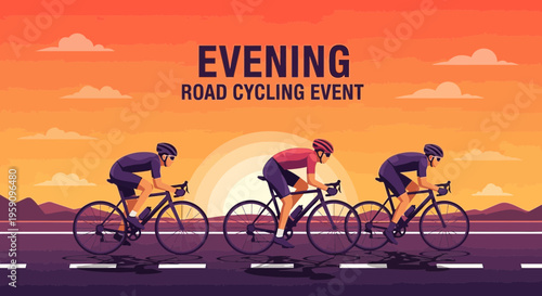 Evening Road Cycling Event Depicting Cyclists Against Sunset, Vibrant Illustration