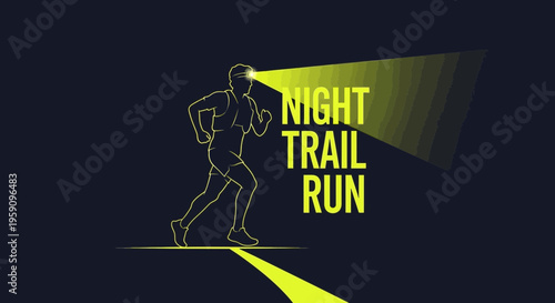 Evening Trail Running Illustration Depicting Athlete Illuminated By Headlamp In Darkness