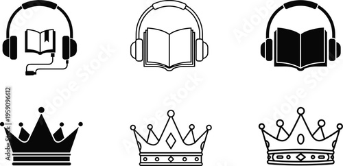 Audiobook and Royal Crown Icon Set Featuring Headphones with Open Book Symbols and King Crown Designs in Solid and Outline Style Collection