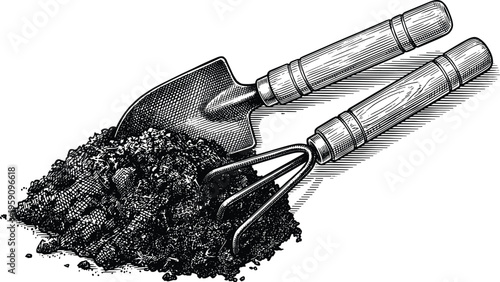 Gardening tools with pile of soil in vintage engraving style