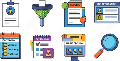 Recruitment and Hiring Process Icon Set Featuring Resume Review, Job Application, Interview Schedule and Candidate Selection Elements for Human Resources Design