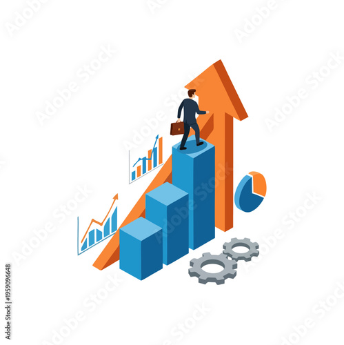 Wallpaper Mural Businessman climbing growth chart with arrow and gears. Torontodigital.ca