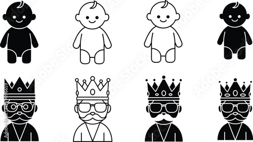 Baby and King Character Icon Set Featuring Cute Infant Figures and Royal Man with Crown, Beard and Glasses in Solid and Outline Style Collection