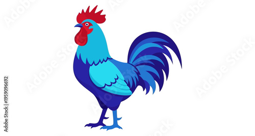 Rooster Standing Profile Blue and Teal Feathered Bird Domestic Fowl Farm Animal Isolated