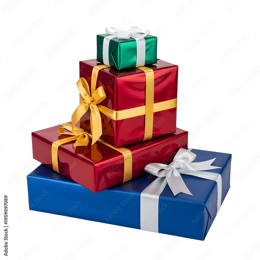 Fototapeta premium Stack of Wrapped Gift Boxes with Colorful Ribbons on transparent background