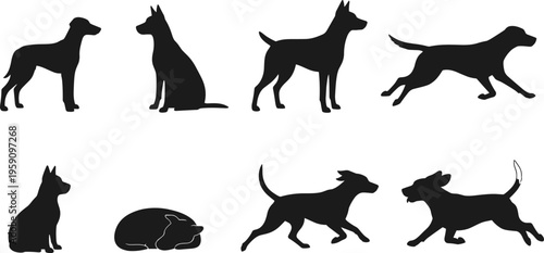 Set of eight black vector dog silhouettes featuring various breeds in active poses like running sitting and sleeping for pet industry graphic designs