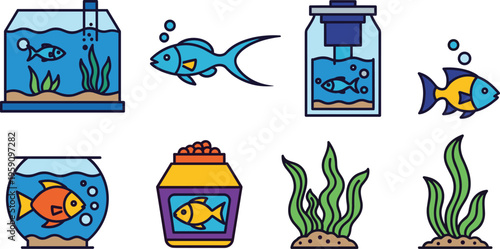 Aquarium and Fish Tank Icon Set Featuring Tropical Fish, Water Plants, Glass Tanks and Aquatic Elements Isolated on White Background for Marine Design Projects