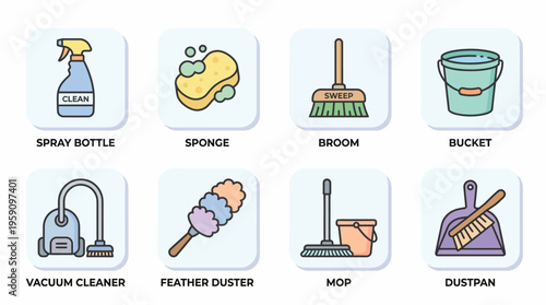 Household Cleaning Tools Vector Icon Pack – Spray Bottle, Sponge, Broom, Bucket, Vacuum Cleaner, Feather Duster, Mop, Dustpan – Home Chores Cartoon Vector Illustrations