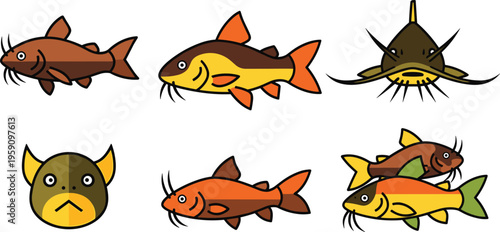Cartoon Catfish and Freshwater Fish Vector Set Featuring Different Species, Faces and Swimming Poses Isolated on White Background for Aquatic Design Projects