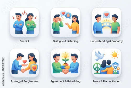 Conflict resolution strategies depicted through emotive characters demonstrating empathy, dialogue, and forgiveness for relationship building and personal growth