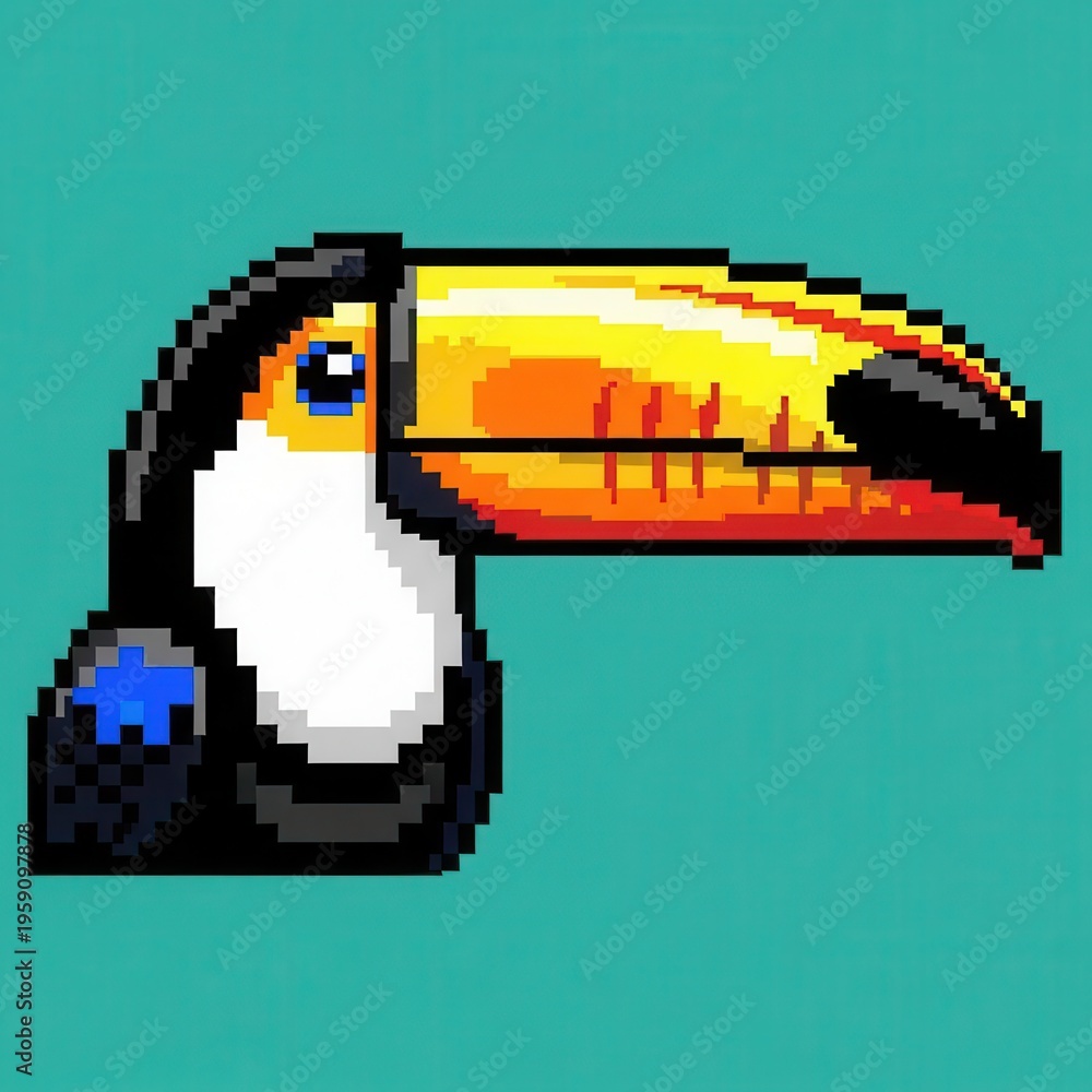 Fototapeta premium Tropical avian creature rendered in distinct pixel art style against a solid background