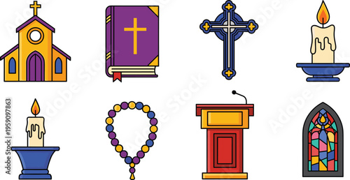 Christian Church and Religious Icon Set Featuring Bible, Cross, Candle, Rosary, Podium and Stained Glass Window Elements Isolated on White Background