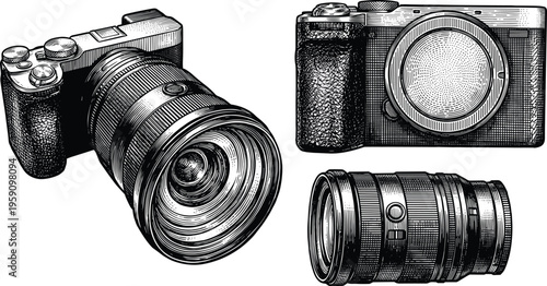 Professional digital camera and lens kit engraving style illustration