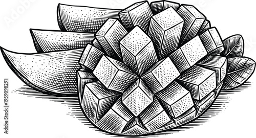 Exotic fruit mango cut into cubes in a detailed vintage woodcut style