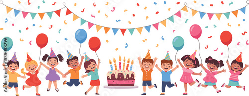 Canvas Print Happy kids celebrating birthday party with cake balloons and confetti, cartoon v