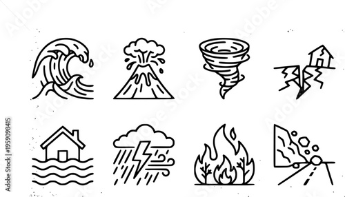 Line art flat design natural disaster icon set grid showing waves volcano tornado earthquake flood storm symbols for emergency signage