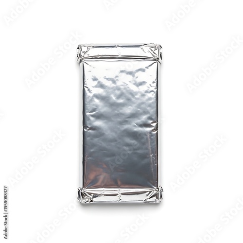 Shiny silver wrapped package with metallic foil and tape edges