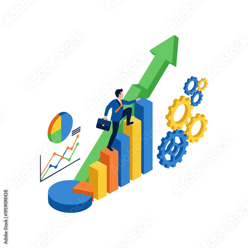 Wallpaper Mural Businessman climbing growth chart with briefcase and gears, symbolizing success. Torontodigital.ca