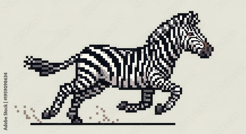 Obraz premium Striped equine animal depicted in low resolution pixel art style galloping across open ground