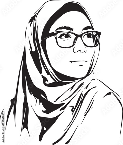 Hand Drawn Woman Wearing Hijab Black and White Avatar Illustration in Minimal Solid Art Style Design