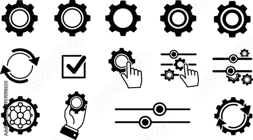 Settings and gear flat icon collection with configuration controls system optimization interface elements for applications and web design