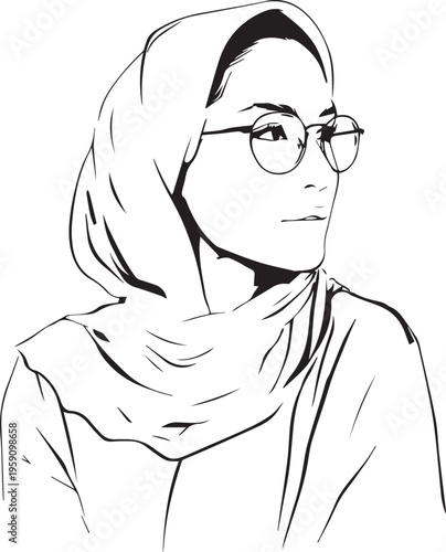 Hand Drawn Woman Wearing Hijab Black and White Avatar Illustration in Minimal Solid Art Style Design