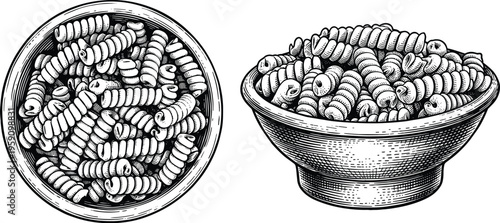 Bowls of pasta vintage engraving style isolated on transparent background