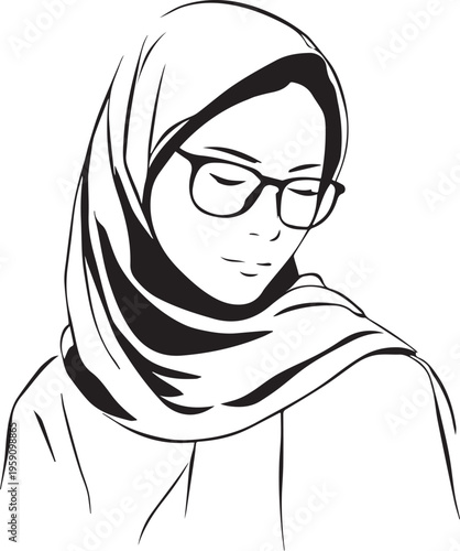 Hand Drawn Woman Wearing Hijab Black and White Avatar Illustration in Minimal Solid Art Style Design