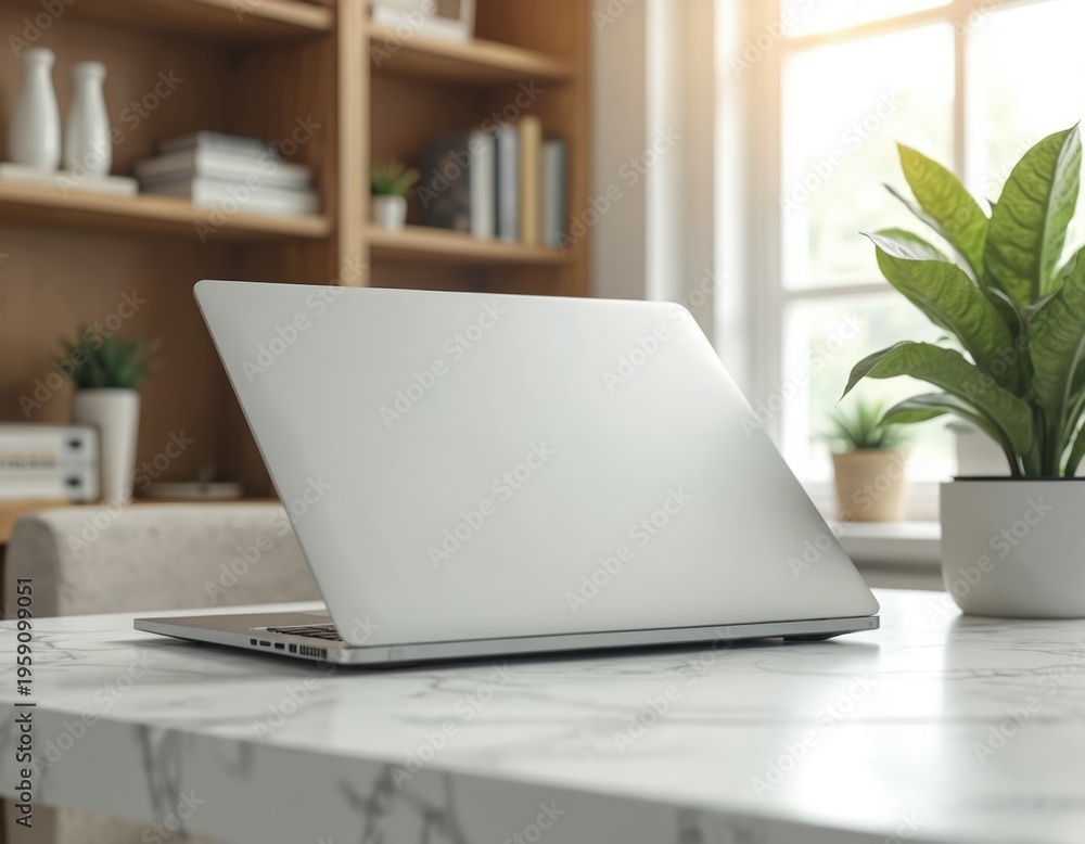 Fototapeta premium Modern silver laptop rests on white marble table. Bookshelf plant and window provide natural light for bright, clean home office workspace. Tech setup offers calm work environment.