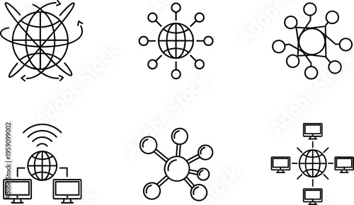Global network and internet connectivity line icons set with nodes communication systems and digital technology symbols for web interfaces