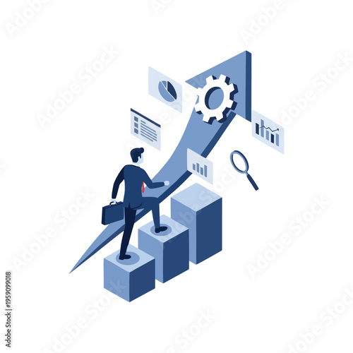 Businessman climbing growth chart with data analysis and success metrics.