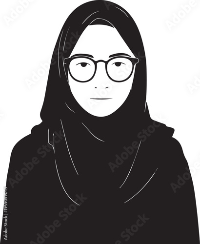 Hand Drawn Woman Wearing Hijab Black and White Avatar Illustration in Minimal Solid Art Style Design