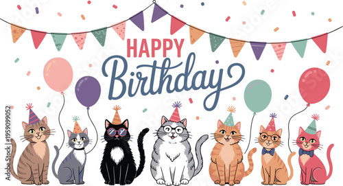 Happy birthday cats party with balloons and bunting, cute cartoon animals vector illustration design