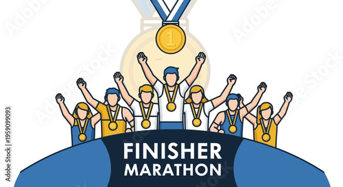 Excited Marathon Finishers Celebrate Victory With Medals And Cheers