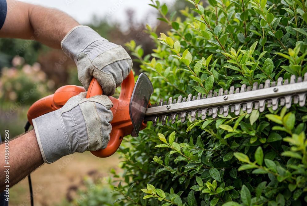 Obraz premium Man in gloves using an electric hedge trimmer to shape a bush