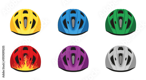 A group of 2D flat-style icons representing protective cycling helmets in various colors like blue, purple, yellow, and green. Ideal for sports safety campaigns, bike rental apps, and outdoor activity