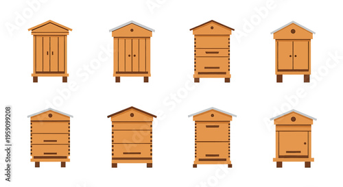 A set of 2D flat-style icons representing various wooden beehives for beekeeping. Isolated on a white background, these graphics are perfect for agricultural apps, honey production explainers, and nat