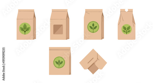 A collection of 2D flat-style icons representing various types of food packaging, including paper bags, takeaway boxes, and containers. Ideal for food delivery apps, catering services, and sustainable