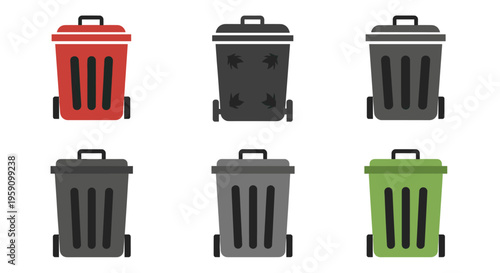 A set of four flat-style compost bins in green and brown colors with organic symbols (leaf and wheat). Perfect for sustainable gardening guides and eco-friendly waste management infographics.