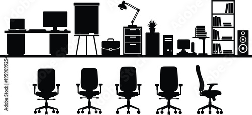 Office furniture silhouette icons with computer desks and armchairs