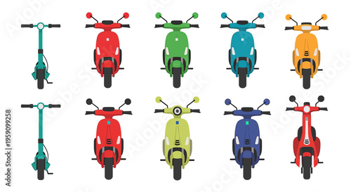 A set of 2D flat-style icons featuring modern electric or gas scooters in various colors (blue, green, orange, red). Perfect for delivery service apps, city transport explainers, and travel marketing.