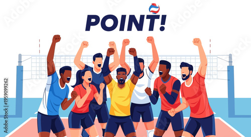 Excited Volleyball Team Celebrates Winning Match Point With Jubilant Cheers