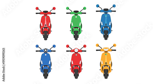 A set of 2D flat-style icons featuring modern electric or gas scooters in various colors (blue, green, orange, red). Perfect for delivery service apps, city transport explainers, and travel marketing.